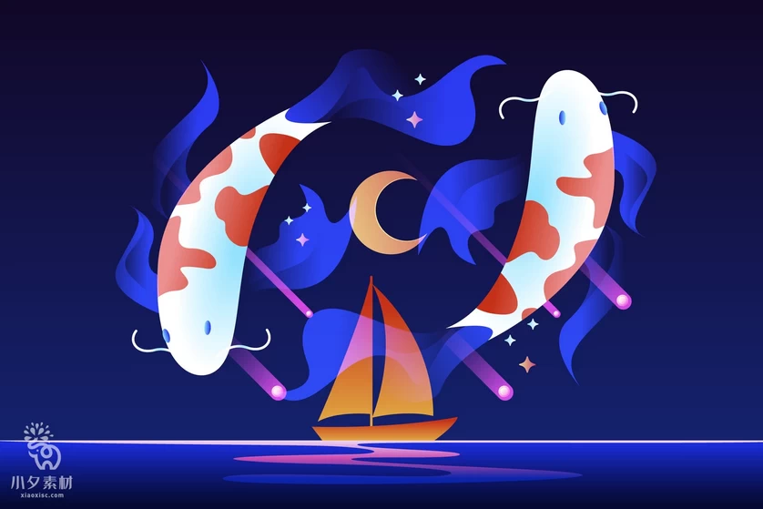 唯美梦幻创意卡通人物鲸鱼海豚夜景插画背景图案AI矢量设计素材【017】